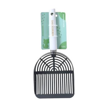 Zwarte kattenbakschep van carbon steel met wit handvat