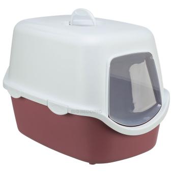 Vooraanzicht van kattenbak Vico rood met klapdeurtje