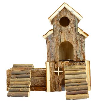 Speelhuisjes met verbindingsbruggen van natuurlijk hout
