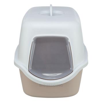 Vooraanzicht van beige kattenbak met klapdeurtje